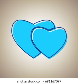 Two hearts sign. Vector. Sky blue icon with defected blue contour on beige background.