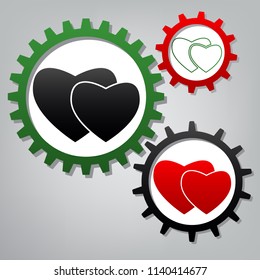Two hearts sign. Vector. Three connected gears with icons at grayish background.