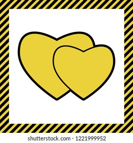 Two hearts sign. Vector. Warm yellow icon with black contour in frame named as under construction at white background. Isolated.
