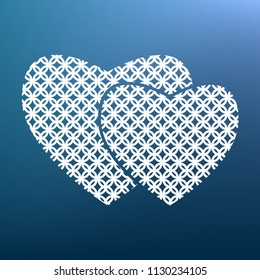 Two hearts sign. Vector. White textured icon at lapis lazuli gradient background.