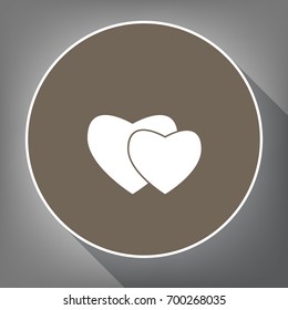 Two hearts sign. Vector. White icon on brown circle with white contour and long shadow at gray background. Like top view on postament.