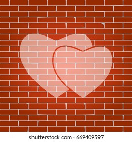 Two hearts sign. Vector. Whitish icon on brick wall as background.