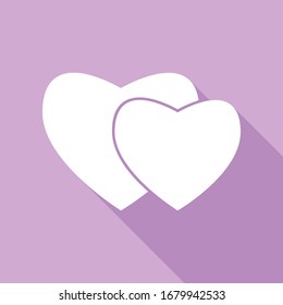Two hearts sign. White Icon with long shadow at purple background. Illustration.