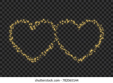 Two hearts silhouette on transparent background. Golden stars stream in two hearts symbol form. Valentines Day background design.