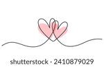 Two hearts in simple one line style and color shape love signs. Love background in continuous line drawing. Black and white linear minimal vector illustration. Valentines day banner, wedding card.