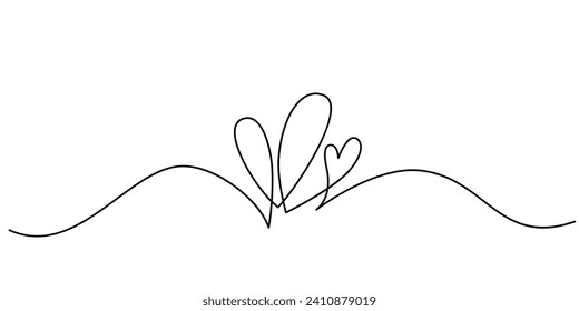 Two hearts in simple one line style. Love background in continuous line drawing. Black and white linear minimal vector illustration. Valentines day banner, wedding card.