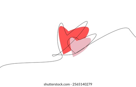 Two hearts in simple one line style and color shape love signs. Love background in continuous line drawing.valentines,wallpaper. 
