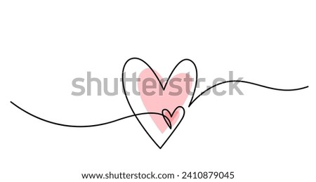 Two hearts in simple one line style and color shape love signs. Love background in continuous line drawing. Black and white linear minimal vector illustration. Valentines day banner, wedding card.