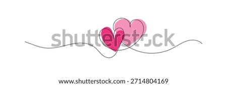 Two hearts in simple one line style and color shape love signs. Two hearts continuous line art drawing. Double heart wavy line. Vector illustration isolated on white.