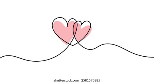 Two hearts in a simple one-line style and colored love signs. Love background in continuous linear drawing. linear minimal vector illustration on white background. Valentine's day banner, wedding card