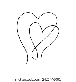 Two hearts in single continuous line. Hand drawn style. Vector illustration isolated on white.