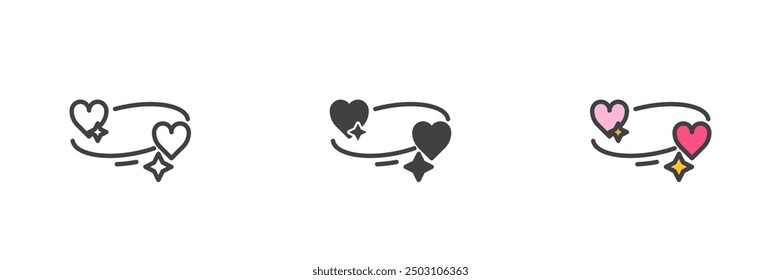 Dos corazones giran conjunto de iconos de estilo diferente. Línea, glifo y contorno relleno versión colorida, contorno y signo de Vector relleno. Símbolo del amor, ilustración del logotipo. Gráficos de Vector