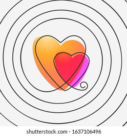 Two hearts in spiral, continuous line drawing with liquid gradient color, Vector minimalist illustration of love concept