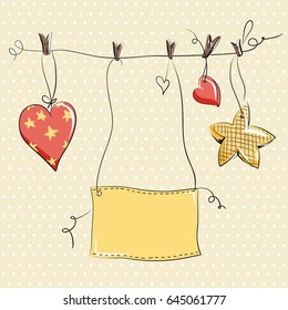 Two hearts and star hanging on a string. Background color