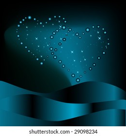 Two hearts from stars and blue waves on a dark background