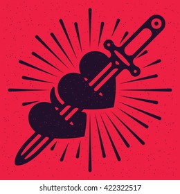 Two hearts with sword and rays. Vector illustration on grunge texture background.