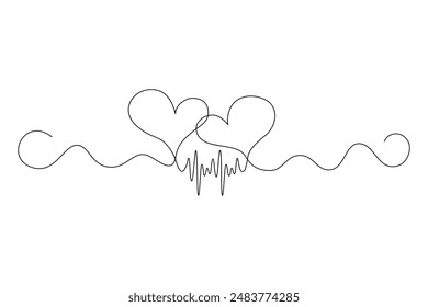 Two hearts as symbol of love, rhythm of heart, are drawn as one continuous line in minimalism. Editable vector contour