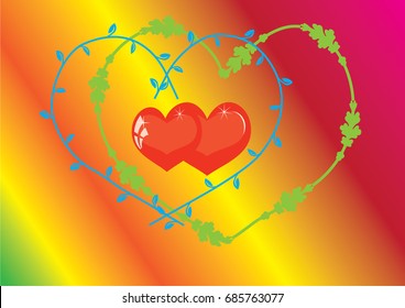 Two hearts symbolizing great love on a colorful background