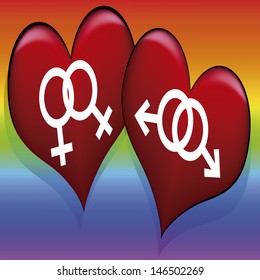two hearts with symbols of attachment of same-sex couples, on gay pride flag.
