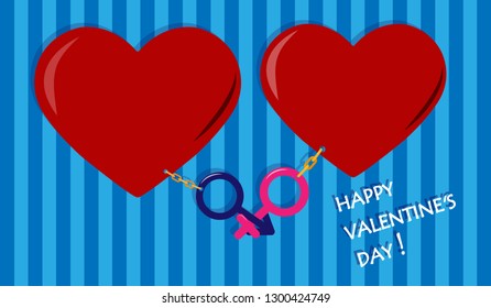 Two hearts and symbols of feminine and masculine beginnings on a golden chain