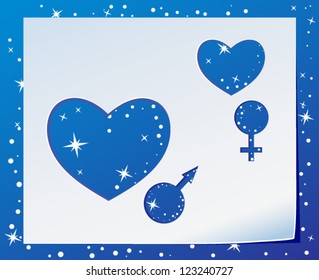 Two hearts with symbols of Mars and Venus on a background of stars