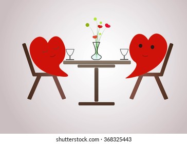 Two hearts at the table mark Valentine's Day. Love. Vector.