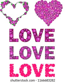 two hearts and three words love made in one style, stylized pink roses, vector
