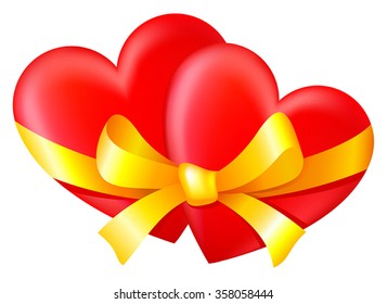 Two hearts tied with a gold ribbon with a bow on a white background