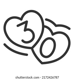 Two hearts together and numbers 3 and 0 in each heart, 30 years old for relationship - vector sign, web icon, illustration on white background, outline style