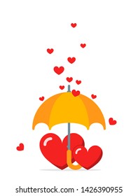 Two hearts under opened umbrella. Falling little heart rain. Marriage date, wedding greeting card design. Valentine's day gift. Flat cartoon romantic vector illustration isolated on white background.