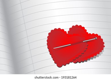 Two hearts united on the page of the notebook, vector illustration art