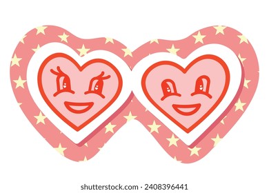 two hearts valentine sticker, two cartoon characters in love, retro style vector illustration