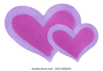 Two hearts for Valentines Day, Mothers Day, friends, girlfriends. Purple pink heart.Marker and watercolor illustration.For holiday, card, poster, carnival,wedding, birthday.Love.Isolated handmade art.