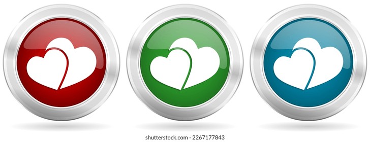Two hearts, valentines day vector icon set. Red, blue and green silver metallic web buttons with chrome border