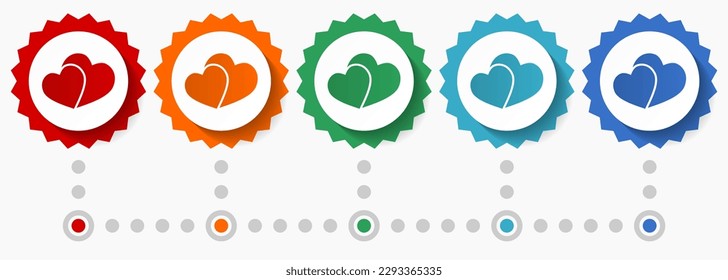 Two hearts, valentines day vector icon set, colorful infographic template, set of flat design badge icons in 5 color options