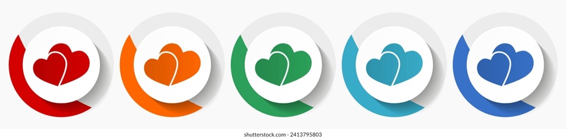 Two hearts, valentines day vector icon set, flat icons for logo design, webdesign and mobile applications, colorful round buttons