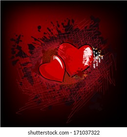Two hearts in a vintage spots of paint. Vector