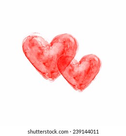 Two Hearts. Watercolor Vector Background. Red. 