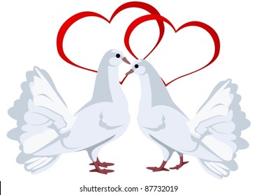Two hearts and two white doves. The illustration on white background.