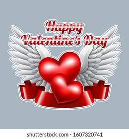 Two hearts with wings, a red ribbon and the inscription Happy Valentine's Day. Sticker.