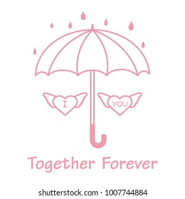Two hearts with wings under an umbrella in the rain. Design for banner, poster or print. Greeting card Valentine's Day.