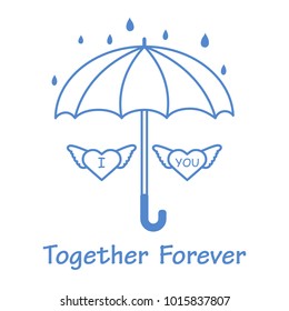 Two hearts with wings under an umbrella in the rain. Design for banner, poster or print. Greeting card Valentine's Day.