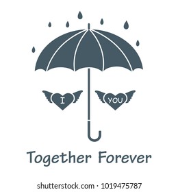Two hearts with wings under an umbrella in the rain. Design for banner, poster or print. Greeting card Valentine's Day.