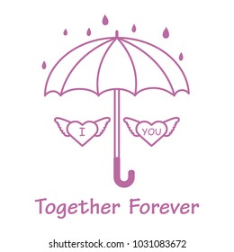 Two hearts with wings under an umbrella in the rain. Design for banner, poster or print. Greeting card Valentine's Day.