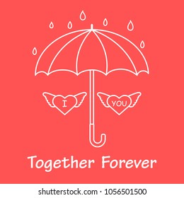 Two hearts with wings under an umbrella in the rain. Design for banner, poster or print. Greeting card Valentine's Day.