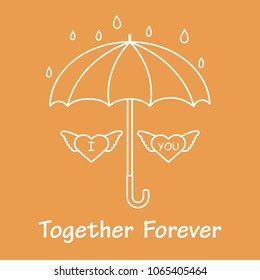 Two hearts with wings under an umbrella in the rain. Design for banner, poster or print. Greeting card Valentine's Day.