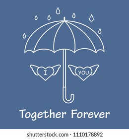 Two hearts with wings under an umbrella in the rain. Design for banner, poster or print. Greeting card Valentine's Day.