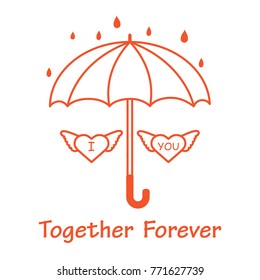 Two hearts with wings under an umbrella in the rain. Design for banner, poster or print. Greeting card Valentine's Day.
