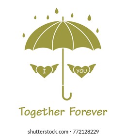 Two hearts with wings under an umbrella in the rain. Design for banner, poster or print. Greeting card Valentine's Day.