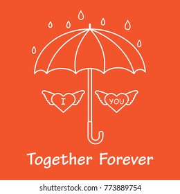 Two hearts with wings under an umbrella in the rain. Design for banner, poster or print. Greeting card Valentine's Day.
